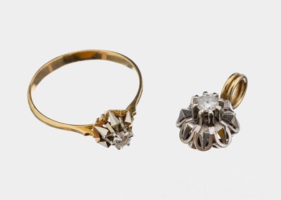 14 kt Gold Brillant-Schmuckset, GG/WG 585/000, best. aus: 1 x Ring mit Brillant ca. 0.20 ct Weiß/vs, RW 70, 1 x Anhänger mit Brillant ca. 0.30 ct ...