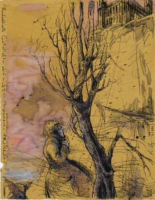 Andreas Noßmann, geb. 1962, Titel: "Fantastische Landschaft II. Frei nach G. de Maupass", Federzeichnung, Farbstift und Aquarell, dat., ...