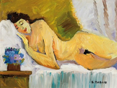 Boris Pavlov, 1928-2005, Titel: "Liegender Akt-Moskau-ca. 1968", Öl/Karton, rechts unten sign., verso Echtheitszertifikat mit ...