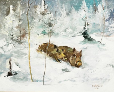 Boris Pavlov, 1928-2005, Titel: " Winter im Burgunderland-Schwarzwild am Waldrand", ÖL/Lwd, rechts unten sign., dat. 1983, verso ...