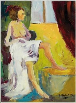 Boris Pavlov, 1928-2005, Titel: "Erotischer Akt im Atelier in Paris 1987", Öl/Karton, rechts unten sign., dat. (19)87, verso ...