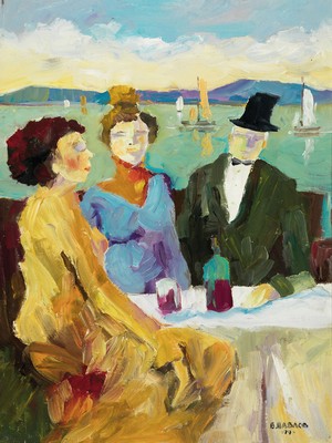 Boris Pavlov, geb. 1928-2005, Titel:" Am Cafe am Strand von St.Tropez", ÖL/Holz, rechts unten sign., dat. (19)79, verso ...