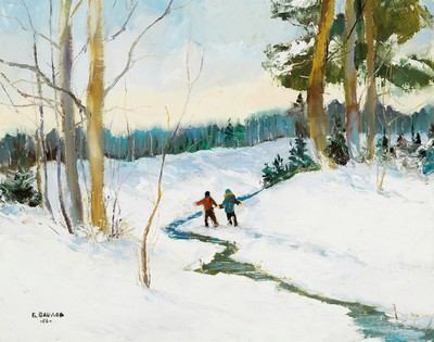 Boris Pavlov, 1928-2005, Titel: "Winterspaziergänger im Wald in der Nähe von Chambery, Winter 1986", Öl/Lwd auf Holz kaschiert, links ...