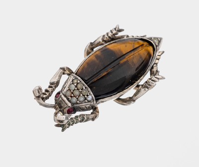 Ausgefallene Tigerauge-Perl-Brosche "Insekt", Silber gepr., Korpus ovaler Tigerauge, kl. Flussperlen, Augen kl. rote Glassteine, ca. 3.5 x ...