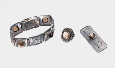 Rauchquarz-Schmuckset, 900er Silber, best. aus: Armband, L. ca. 18 cm, Kastenschloss mit Sicherheitsbügel, 4 kissenf. Rauchquarz -Cabochons, 1 ...