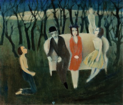 Unbekannter naiver Künstler, Anfang/Mitte 20 .Jh., Figurengruppe auf Sofa im Wald, unsigniert, Öl/Lwd, Rahmen 77x86 cm