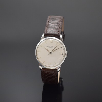 IWC Herrenarmbanduhr in Edelstahl Kaliber 89, Schweiz um 1950, Handaufzug, 3-teil. Gehäuse, Boden u. Glasrand aufgedr., silb. Zifferbl. m. aufges. ...