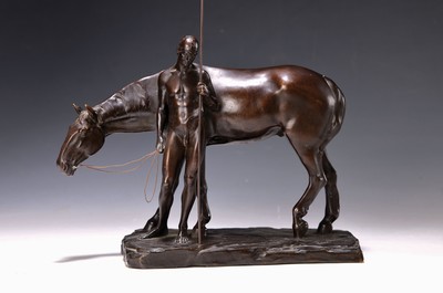 Ludwig Vordermeyer, 1868 Berlin-1933 München, "Rast", Speerträger vor Pferd stehend, auf der Plinthe signiert, Gießermarke Gladenbeck ...