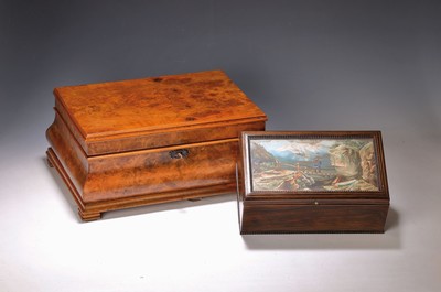 Zwei Deckelschatullen/Deckelkassetten, um 1900, 1. meist Palisanderfurnier, innen Mahagoni, Fadeneinlagen aus Messing, Deckel, Aquarelleinlage ...