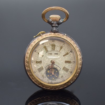 MINERVA seltene Vollkalender-Taschenuhr in brüniertem Stahl/vergoldet, Schweiz um 1880, Stahlgeh. korr., an den Rändern floral verziert u. verg., ...