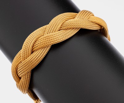 18 kt Gold Armband, GG 750/000, aufwändige Flechtarbeit, B. ca 1.6 cm, L. ca. 18.5 cm, Kastenschloss mit Sicherheitsacht, ca. 35.2 g