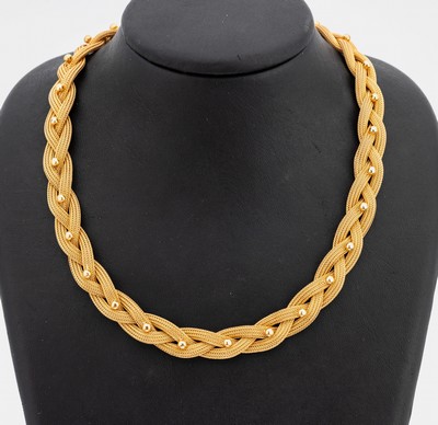 18 kt Gold Collier, GG 750/000, aufwändige Flechtarbeit mit aufgelegten Goldkugeln, L. ca. 44 cm, Kastenschloss mit Sicherheitsacht, ca. 53.7 g
