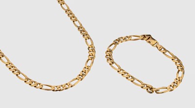 14 kt Gold Schmuckset, ca. 56,5 g GG 585/000, best. aus: Collier, L. ca. 57 cm, undArmband, L. ca. 19 cm, Karabinerschließen, kombinierbar und als ...