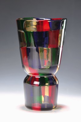 Pezzato-Vase, Entwurf Fulvio Bianconi für Venini & C. Murano, 50er Jahre, Pokalform, farbloses Glas mit mosaikartige zusammengeschmolzenen Quadrate ...