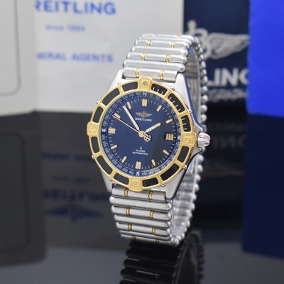 BREITLING J-Class Herrenarmbanduhr Referenz 80250, Automatik, verschr. Edelstahlgeh. inkl. orig. Roleauxband m. dopp. Faltschl., Gold-Lünette m. ...