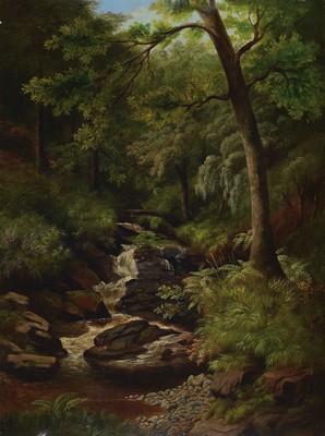 John Russel, britischer Maler, um 1900, Waldansicht mit Bachlauf, Öl/Lwd., feinen Abstufungen in den Grüntönen der Vegetation, rechts unten sign., ...