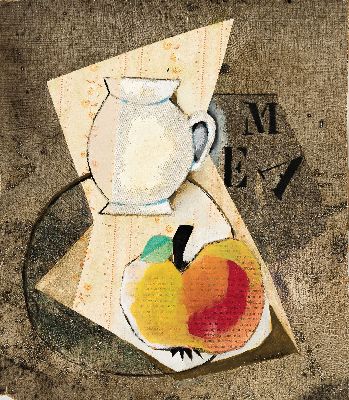 Unbekannter Künstler der russischen Avantgarde, Stillleben mit Kanne und Apfel, Öl und Collage mit kyrillisch beschriftetem Papier auf ...