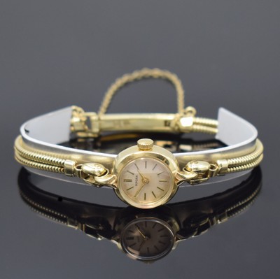 BIFORA Damenarmbanduhr in GG 585/000, Handaufzug, Schweiz 1960er Jahre, Boden aufgedr., 2-reihiges GG 585/000 Band m. Sicherheitskettchen, silb. ...