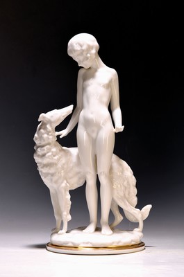 Porzellanfigur Mädchen mit Barsoi, Hutschenreuther, Kunstabteilung Selb, 1955 -1968, Entw. Carl Werner, Weißporzellan, Sockel mit Goldrand, auf ...