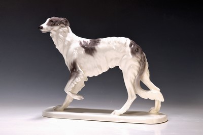 Porzellanfigur stehender Barsoi, Friedrich Goldscheider, Wien, Entw. Hugo Postl, 1920/30er-Jahre, Keramik, farbig glasiert, schwarzer Stempel, ...