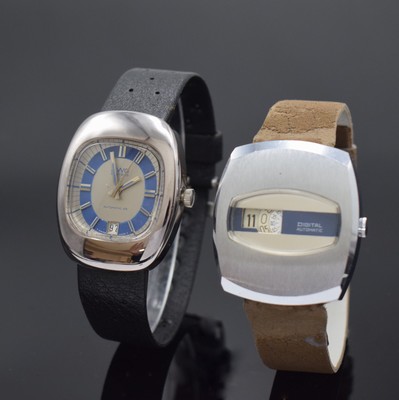 Konvolut 2 Armbanduhren, beide 1970er Jahre, beide Automatik, 1 x BWC, verchr. Geh., Edelstahlboden verschr., 2-farb. Zifferbl. m. aufgel. Indizes ...
