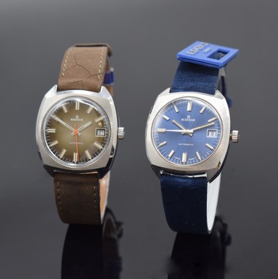 Konvolut 2 EDOX nahezu neuwertige Armbanduhren, Schweiz um 1975, beide Edelstahlgeh., Böden verschr., 1 x braunes Fume-, 1 x blaues Zifferbl., Anz. ...