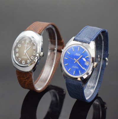 Konvolut 2 LEICO Armbanduhren, um 1970, 1 x Automatik mit Kal. PUW 1561, 1 x Handaufzug Kal. PUW 560, beide verchromte Metallgeh., Edelst.-Böden ...