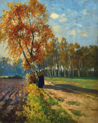 Carl Holzapfel, 1865 Berlin-1926, Bauersfrau mit Koffer auf einem mit Birken bestandenen Feldweg, Herbststimmung, Öl/Lwd/ Platte, links unten sign., ...