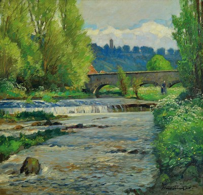 Hans Prentzel, 1880 Berlin-1956 Rothenburg ob der Tauber, Im Taubertal, so rückseitig betitelt, Öl/Lwd, rechts unten sign., ca. 49x 51cm, R. ca. ...