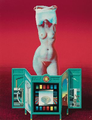 Rudolf Hausner, 1914 Wien-1995 Mödling, Farblithographie, "Eva's Paravent", 1980, Ed. 7/200, PP-Ausschnitt 64x48 cm, unter Glas ...