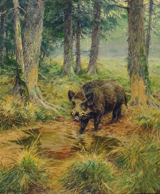 Wilhelm Buddenberg, 1890 Trier-1967 Neuss, Keiler an der Suhle, Öl/Lwd, links unten sign., ca. 61x51cm, R. ca. 73x63cm