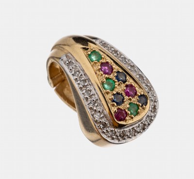14 kt Gold Farbstein-Diamant-Clipanhänger, GG/WG 585/000, 20 in WG gefasste 8/8- Diamanten zus. ca. 0.10 ct Weiß/p, 3 rundfacett. Rubine, Saphire ...