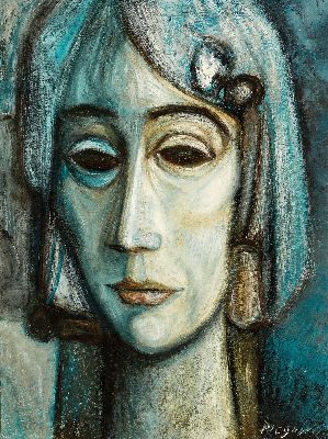 Prof. Antonio Diego Voci, 1920 Gasperina-1985 Taunusstein, "Visage en bleu", 1973, Frauenporträt im Stil der Ecole de Paris, Öl/Lwd, ...