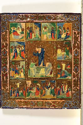Vielfelderikone, Russland, Anfang 20.Jh., Tempera/Gold auf Holz, 12 Szenen aus der Vita Christi, 31x26 cm