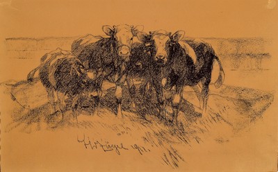 Heinrich von Zügel, 1850 Murrhardt-1941 München, Kohlezeichnung, drei Jungrinder auf der Wiese, entstanden in Wörth 1911, typische Komposition ...