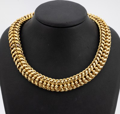 14 kt Gold Collier, GG 585/000, schwere aufwändige Handarbeit, L. ca. 42.5 cm, B. ca. 1.8 cm, Kastenschloss mit 2 Sicherheitsachten, ca. 119.6 g