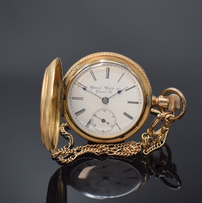 GIRARD WATCH Co vergoldete Herrensavonette mit Goldkette, USA um 1880, floral grav. Geh. m. gerippten Rändern, sign. Emailzifferbl., gebl. Zeiger, ...