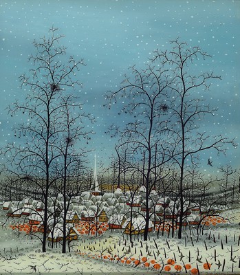 Ivan Lackivic, 1932 Batinske - Zagreb 2004, naive Hinterglasmalerei, 1977, Winterlandschaft, re. unten signiert und dat. 77, 43.5 x 38.5 cm, Rahmen