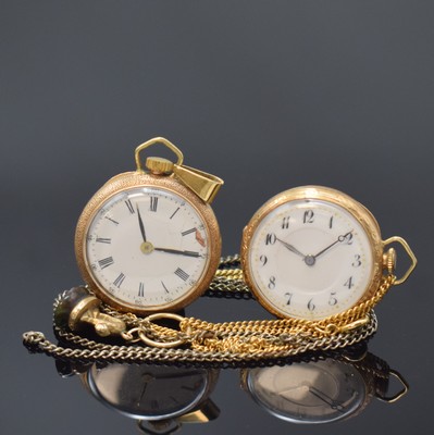 Konvolut: 2 Damenuhren in GG 585/000, Schweiz um 1900, grav. Scharniergeh., Metall- Cuvetten, 1 x m. blau/schwarz emaillierter Libelle besch., ...