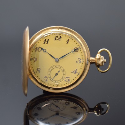 JUNGHANS Herrensavonette in GG 585/000, Deutschland um 1925, glattes 3-Deckel- Goldgeh., Sprungdeckel m. schöner Wappen- Grav., gold. Zifferbl., ...