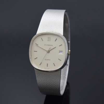 DUGENA Armbanduhr in WG 333/000, quarz, um 1980, Boden aufgedr., Milanaiseband, silb. Zifferbl. m. aufges. Indizes, Anz. v. Std., Min., Zentralsek. ...