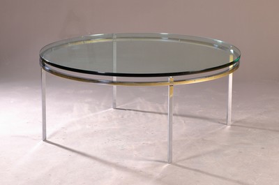Couchtisch mit dicker Glasplatte, deutsch, 1960/70er-Jahre, verchromtes Vierkant -Stahlgestell, 2 cm dicke Glasplatte, schwere Qualität, guter ...