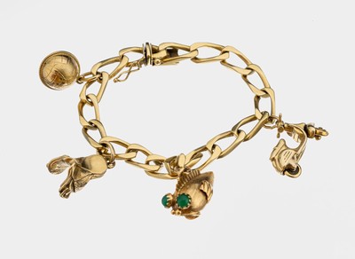 18 kt Gold Bettelarmband, GG 750/000, 1 Anhänger GG 585/000, Fisch mit Achataugen, 3 Anhänger GG 333/000, Globus, Sattel, Roller (Lenker bewegl.), ...