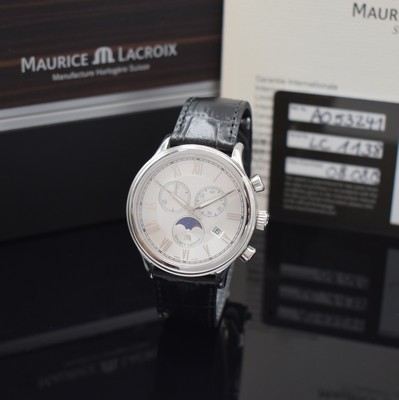 Maurice Lacroix Phase De Lune Herrenchronograph mit Vollkalender in Stahl Referenz LC1138, quarz, Boden aufgedr., Lederband m. orig. Faltschl., silb. ...