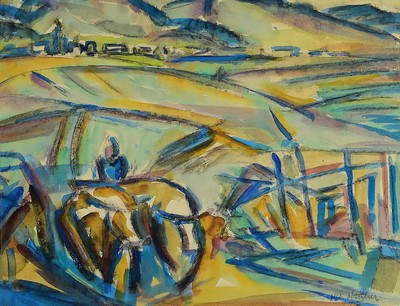 Otto Ditscher, 1903-1987 Neuhofen, Aquarell,pflügender Bauer mit Ochsengespann, vor der Kulisse der Haardt, rechts unten signiert und datiert 1975, ...