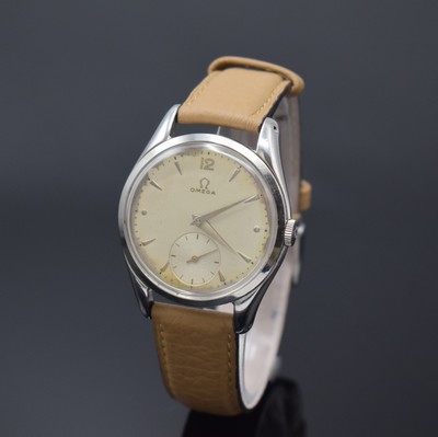 OMEGA Herrenarmbanduhr in Stahl Referenz 2503 -6, Schweiz um 1950, Handaufzug, aufgedr. Boden l. dell., silb. Zifferbl. altersbed. pat./fl., silb. ...