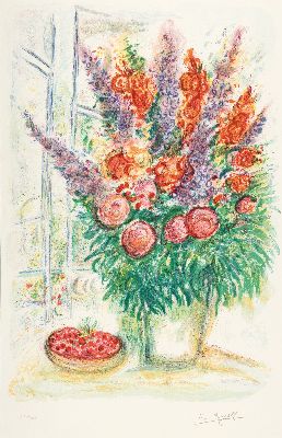 Marc Chagall, 1887-1985, Blumenbouquet mit Schale voller Kirschen, Farblithographie, drucksigniert, num. VS 1702/2000, ca. 80x55cm, PP, u.Gl., R. ca. ...