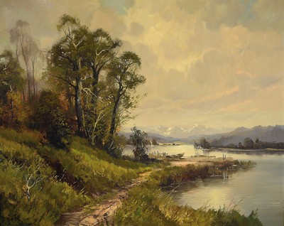 Werner Brand, 1933 Löbau-2021 Hochstadt/ Pfalz, Landschaft an einem oberbayerischen See, im Hintergrund die Alpen, Öl/Lwd, links unten monogr. WB, ...