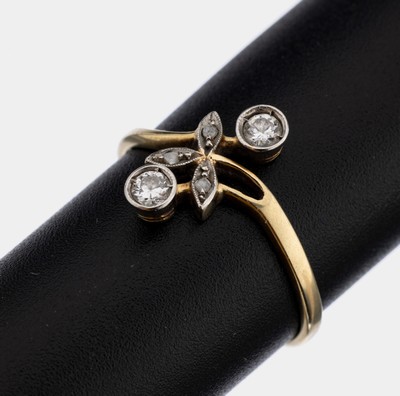 14 kt Gold Jugendstil Diamant-Ring, um 1900, GG 585/000, floral, Altschliffdiamanten, RW55, ca. 1.7 g