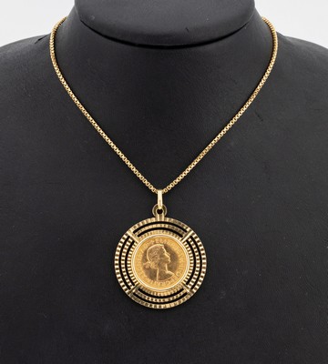 18 kt Gold Münz-Anhänger, GG 750/000, gefasste Goldmünze, Sovereign 1966, Elisabeth II., heiliger Georg im Kampf mit dem Drachen, an Kette, GG ...